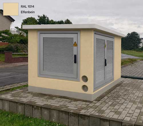 Transformer station in RAL 1014 Ivory, colour variant with doors made of anodised aluminium