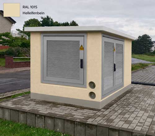Transformer station in RAL 1015 Light Ivory, colour variant with doors made of anodised aluminium