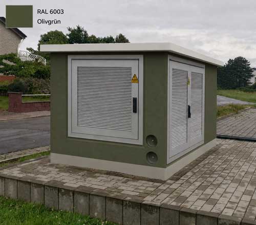 Transformer station in RAL 6003 olive green, colour variant with doors made of anodised aluminium