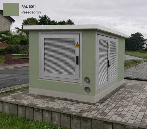 Transformer station in RAL 6011 Reseda Green, colour variant with doors made of anodised aluminium