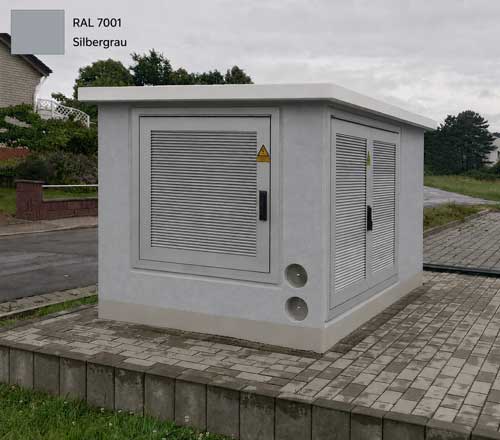 Transformer station in RAL 7001 silver-grey, colour variant with doors made of anodised aluminium