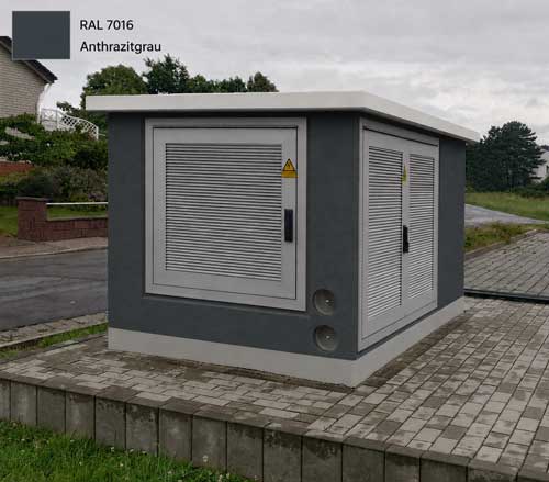 Transformer station in RAL 7016 Anthracite Grey, colour variant with doors made of anodised aluminium