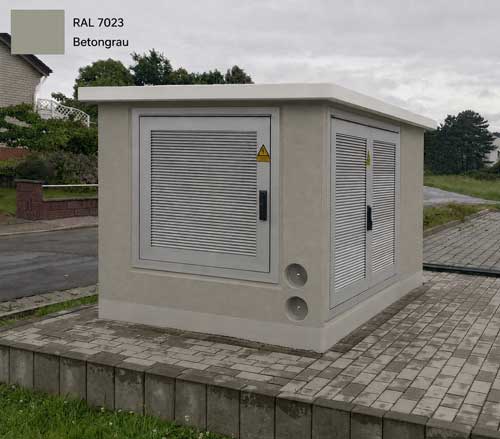 Transformer station in RAL 7023 Concrete Grey, colour variant with doors made of anodised aluminium