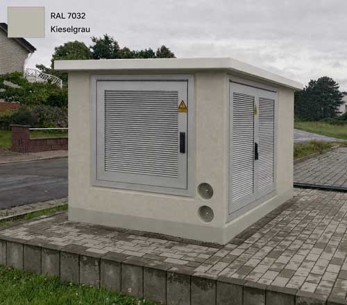Transformer station in RAL 7032 Pebble Grey, colour variant with doors made of anodised aluminium