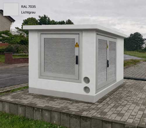 Transformer station in RAL 7035 Light Grey, colour variant with doors made of anodised aluminium