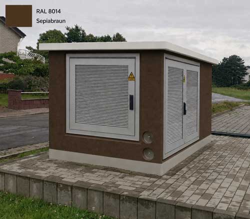 Transformer station in RAL 8014 sepia brown, colour variant with doors made of anodised aluminium