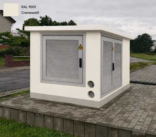 Transformer station in RAL 9001 Cream White, colour variant with doors made of anodised aluminium