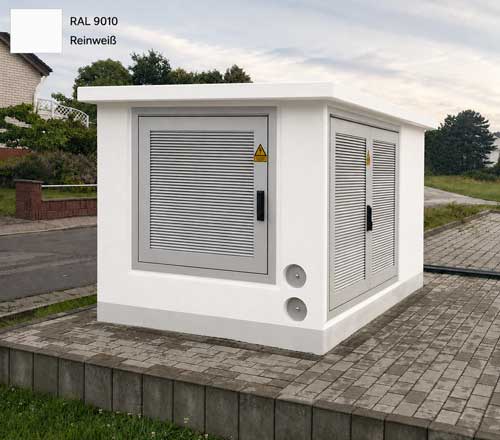 Concrete transformer station in RAL 9100 Pure White, situated on a paved outdoor area.